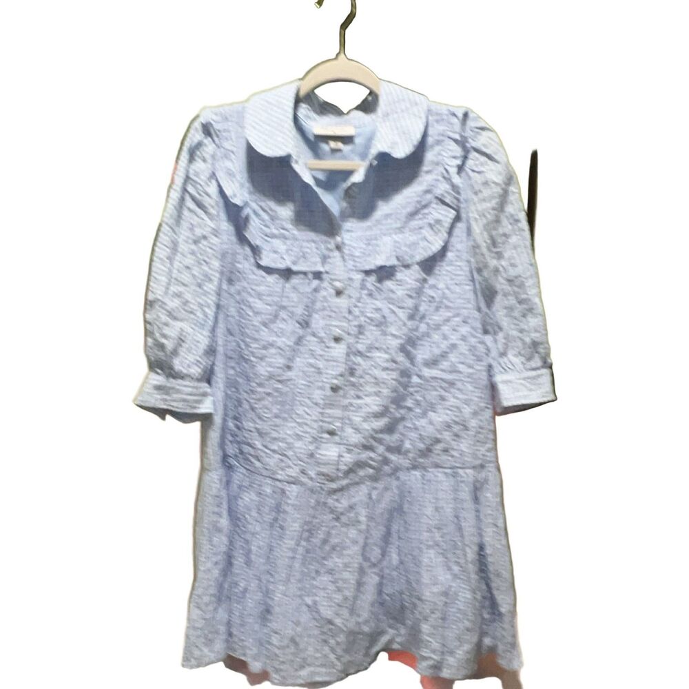 Sandy Liang Gingham Shirtdress Women's M Light Blue White Peter Pan Collar